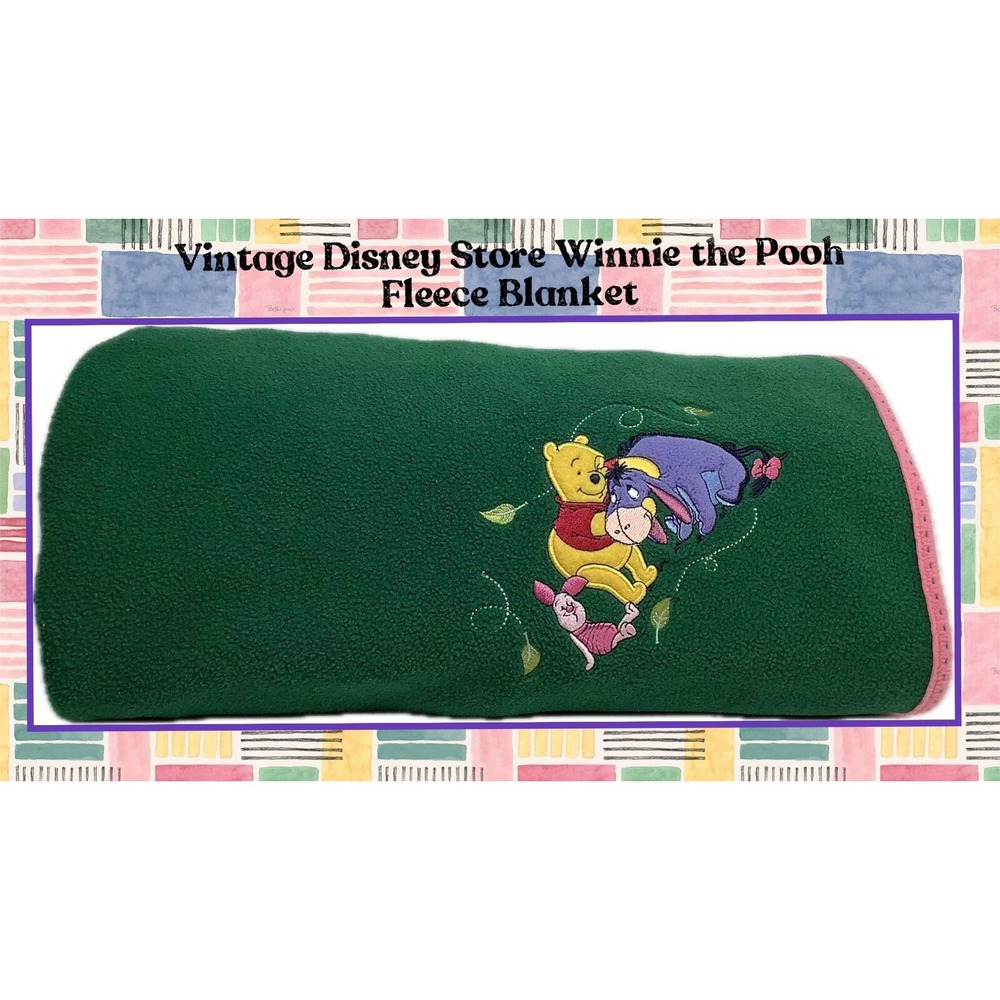 Vintage Disney Store Eeyore , Piglet & Winnie The Pooh Green Fleece Throw